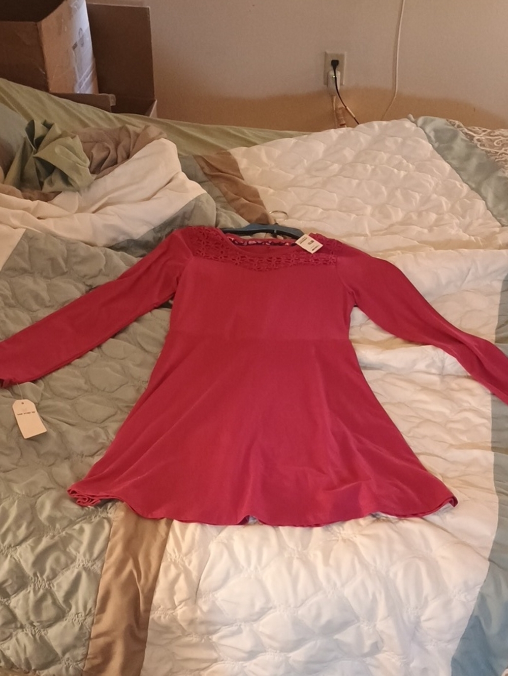 One Step Ahead Raspberry Lace-Yoke Long Sleeve Dress